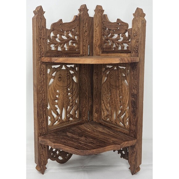 Vintage 16” Hand Carved Wood Folding Corner Display Shelf 2 Tier Owl India - Picture 1 of 16